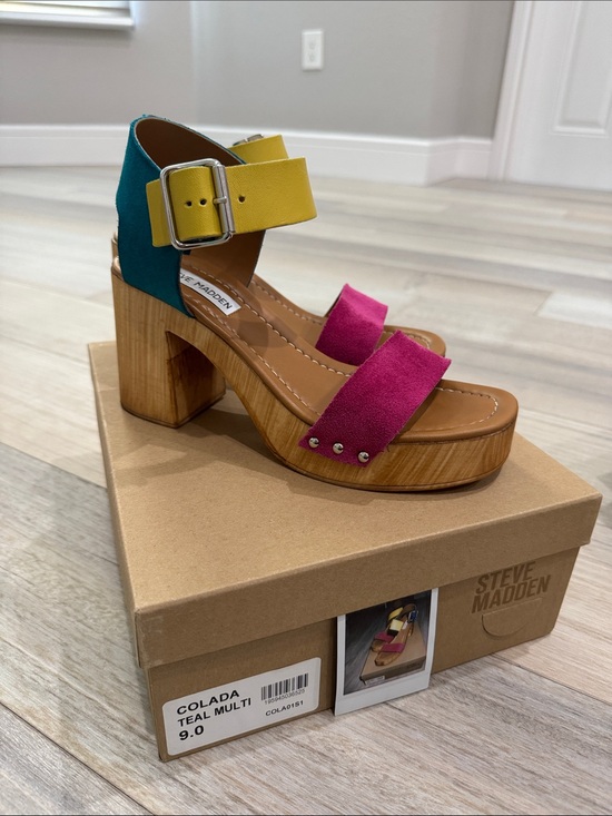 Steve Madden Shoes - Steve Madden: Gently Used - Colorblock Platform Sandal in Teal, Pink & Yellow